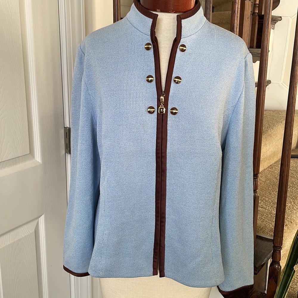 Light Blue Knit Cardigan with Brown Trim - Women's Sweater